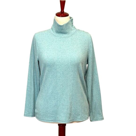 T by Talbots top light blue multi color heathered snap mock neck ribbed Sz L - Picture 1 of 10